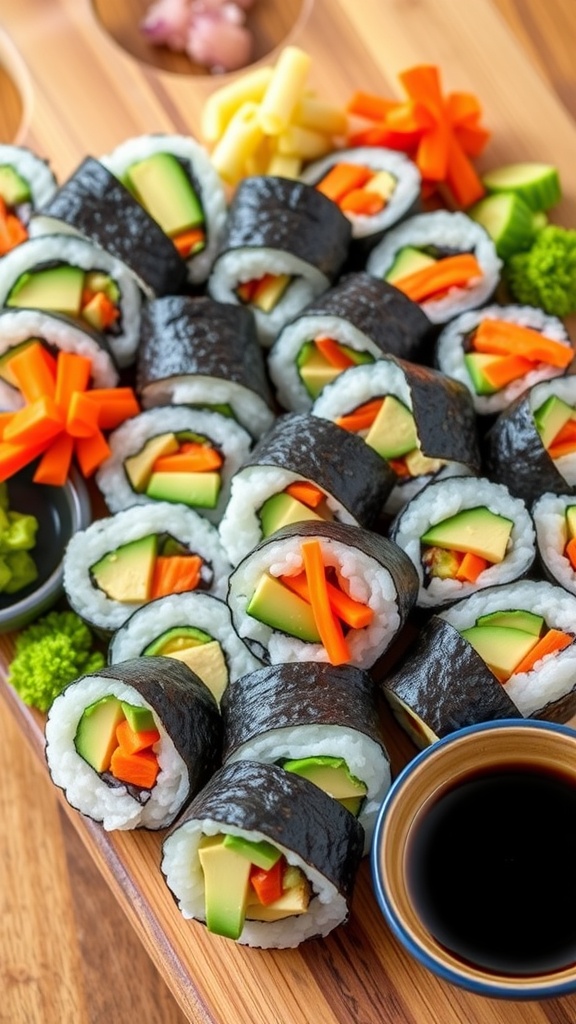 A colorful assortment of sushi rolls with fresh vegetables and dipping sauces on a wooden board.